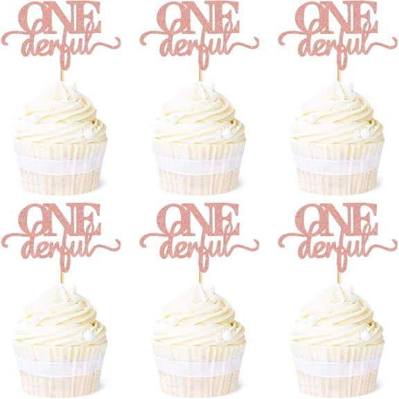 ONEderful Cupcake Toppers, Rose Gold Glitter, 1st Birthday Party Decorations, Baby Shower Cake Picks, 12 Pack