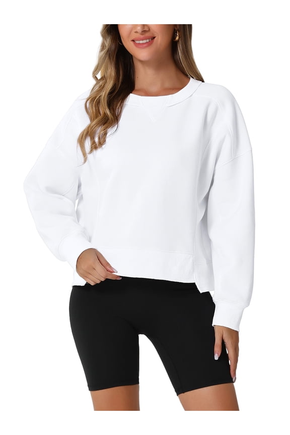 Cropped Sweatshirt for Women Crewneck Fleece Pullover Tops Oversized Sweater Fashion Fall Outfits S White
