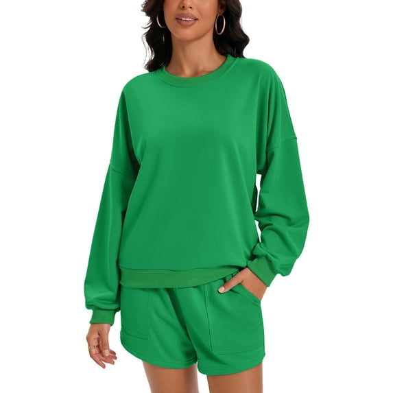 ATHLECHIC Womens Sweat Short Sets Matching Outfits Batwing Sleeve Sweatshirt Lounge Set Casual Sweatsuit L Green