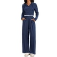 thumbnail image 1 of ATHLECHIC Two Piece Sets for Women Ribbed Knit Tracksuit Half Button Cropped Hoodie Wide Leg Pants Casual Lounge Sets L Navy Blue, 1 of 4