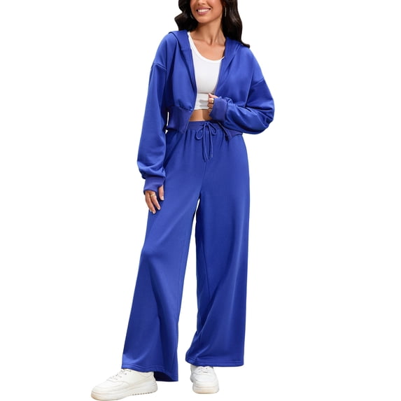 ATHLECHIC Women's Tracksuits 2 Piece Outfits Casual Cropped Hoodie Wide Leg Pants Workout Lounge Sets M Blue
