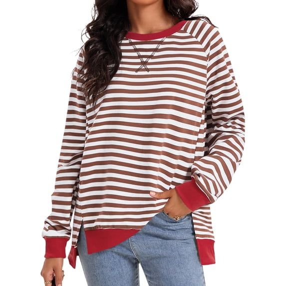 ATHLECHIC Women's Striped Sweatshirt Loose Fit Long Sleeve Crewneck Pullover Top M Coffee White