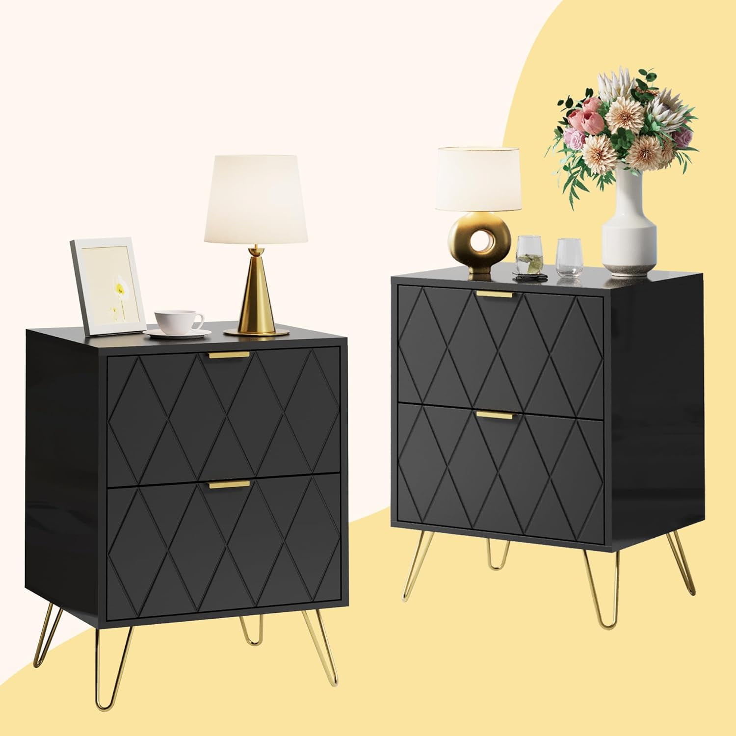 Set Of 2 Black Modern Nightstands – Mid Century Bedside Tables With Open Shelves