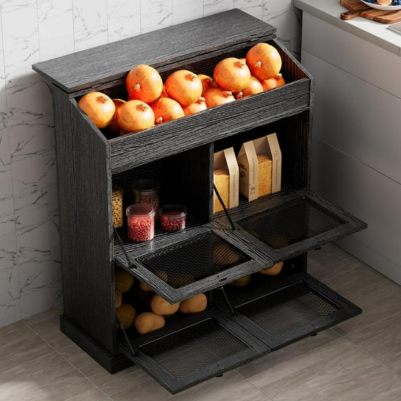 ONG Large Storage Wood Bin, Wooden Bread Storage Bins, Decorative and Onion Storage Bin with 4 Doors, Bin with Grocery Section, Wooden Vegetable Storage Box with Lid,Black