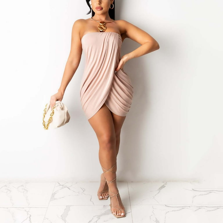 ONHUON Women s Summer One word Wrapped Chest Sexy Wave Pleated Solid Color Dress Short Sleeve Midi Dress Two Sided Dress Walmart