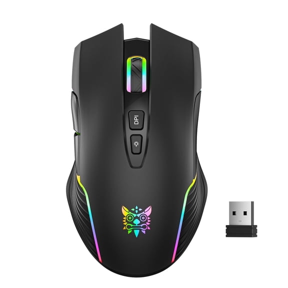ONIKUMA Black Wireless Gaming Mouse with RGB Lighting, Rechargeable Ergonomic Mouse, 6 Adjustable DPI, 7 Programmable Buttons, USB 2.4G Mouse for PC, Laptop and Mac