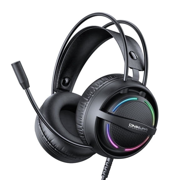 ONIKUMA Wired Gaming Headset, RGB Lighting, Dual Head Beam, Memory Foam Earmuffs, Flexible Mic, 50mm Bass Speakers, 3.5mm USB Interface, Black