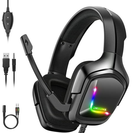 ONIKUMA Gaming Headset with Mic for Xbox One, PS4, Switch and PC, Surround Sound Over-Ear Gaming Headphones with Noise Cancelling Mic, RGB Lights, Volume Control for Smart Phone, Laptops, Mac, iPad