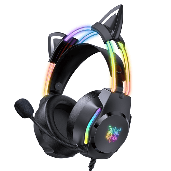 ONIKUMA Cat Ear Gaming Headset with Mic for PS5, Xbox, Switch & PC, RGB Wired Gaming Headphones with Surround Sound