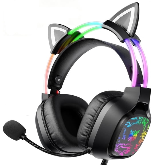 ONIKUMA Wired Gaming Headset with Cat Ears – 7.1 Surround Sound, RGB Light, Mic, for PC PS4 PS5 Mac Switch – Black