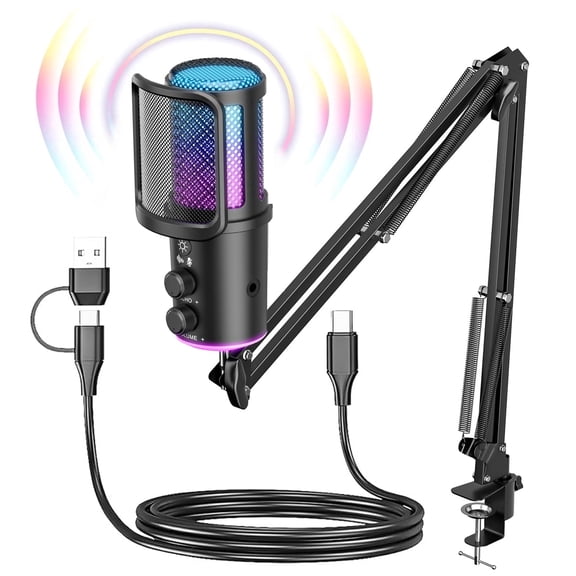 ONIKUMA USB Gaming Microphone with Boom Arm, Noise-Cancelling Condenser Mic for Streaming, Podcast, PC, Mac, PS4/PS5