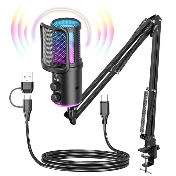 ONIKUMA USB Gaming Microphone with Boom Arm, Noise-Cancelling Condenser Mic for Streaming, Podcast, PC, Mac, PS4/PS5