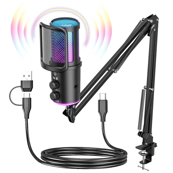 ONIKUMA USB Gaming Microphone with Boom Arm, Noise-Cancelling Condenser Mic for Streaming, Podcast, PC, Mac, PS4/PS5