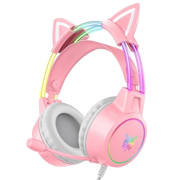 ONIKUMA Cat Ear Gaming Headset with Mic for PS5, Switch & PC, RGB Wired Gaming Headphones with Surround Sound
