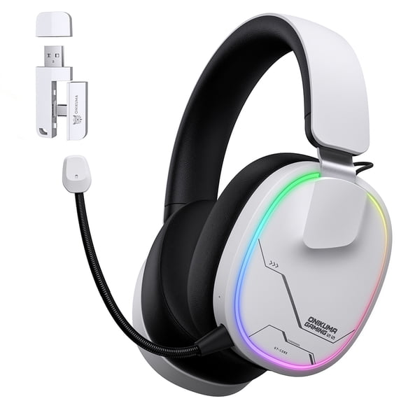 ONIKUMA 2.4GHz Wireless Gaming Headset for PS5/PS4/PC/Switch, Gaming Headphone with Noise-Canceling Mic, 7.1 Stereo Surround Sound, RGB Light, 60H Battery Life-White