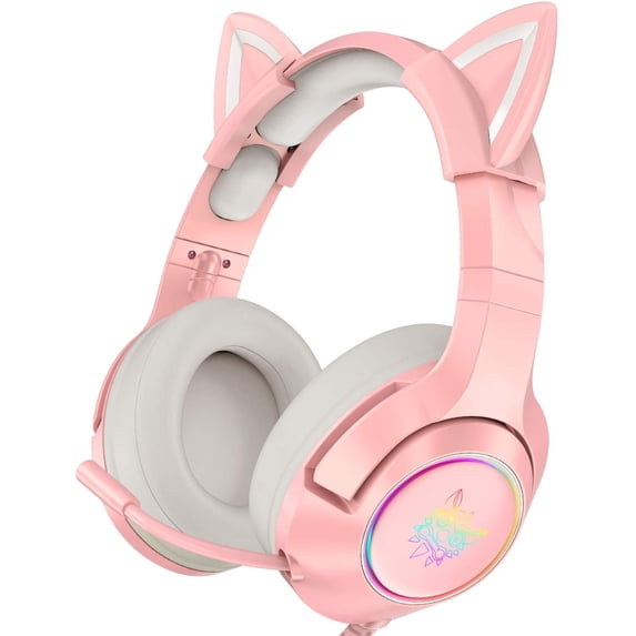 ONIKUMA Wired Pink Gaming Headset with Removable Cat Ears for PS5, PS4, Xbox One (Adapter Not Included), Switch, PC, with Surround Sound, RGB LED Light & Noise Canceling Retractable Microphone