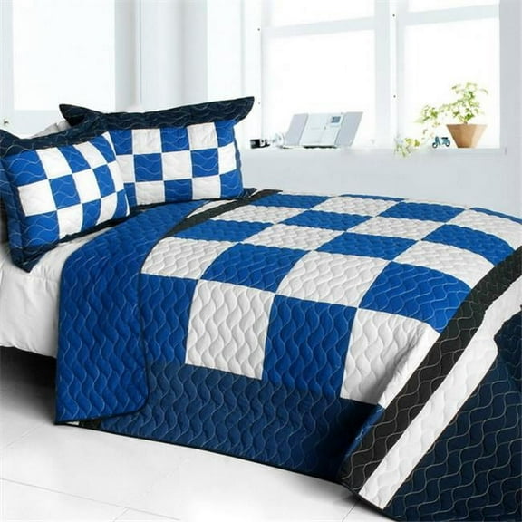 ONITIVA-QTS01210-23 Anything is Possible - Vermicelli-Quilted Patchwork Plaid Quilt Set Full & Queen Size - Blue