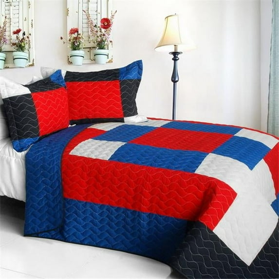 ONITIVA-QTS01223-23 Crazy Boxes - A - Vermicelli-Quilted Patchwork Geometric Quilt Set Full & Queen Size - Red