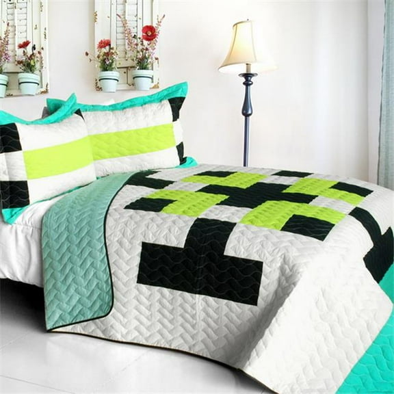 ONITIVA-QTS01240-23 Tetris - C  Vermicelli-Quilted Patchwork Geometric Quilt Set  Full & Queen Size - White