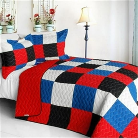ONITIVA-QTS01249-23 Delicate Plaid - B Vermicelli-Quilted Patchwork Plaid Quilt Set Full & Queen - Red