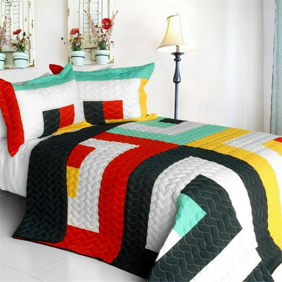 ONITIVA-QTS01316-23 Franceschi - Vermicelli-Quilted Patchwork Geometric Quilt Set Full & Queen Size - Red