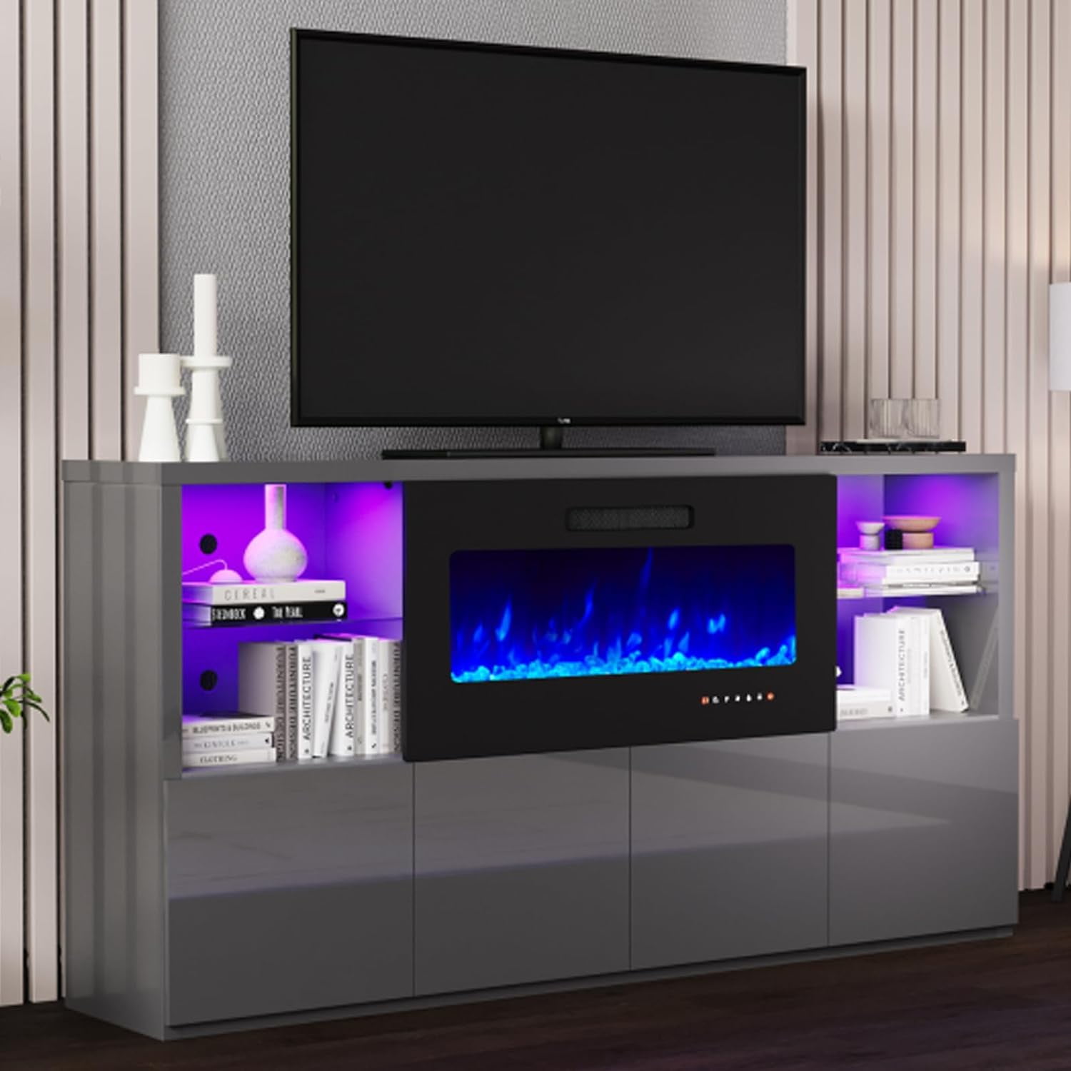 ONKER 68'' Fireplace TV Stand with 40'' Fireplace, Modern High Gloss ...