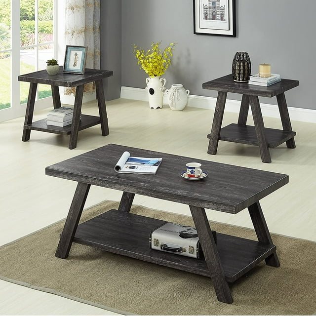 ONKER Athens Contemporary 3-Piece Wood Shelf Coffee Table Set, Charcoal