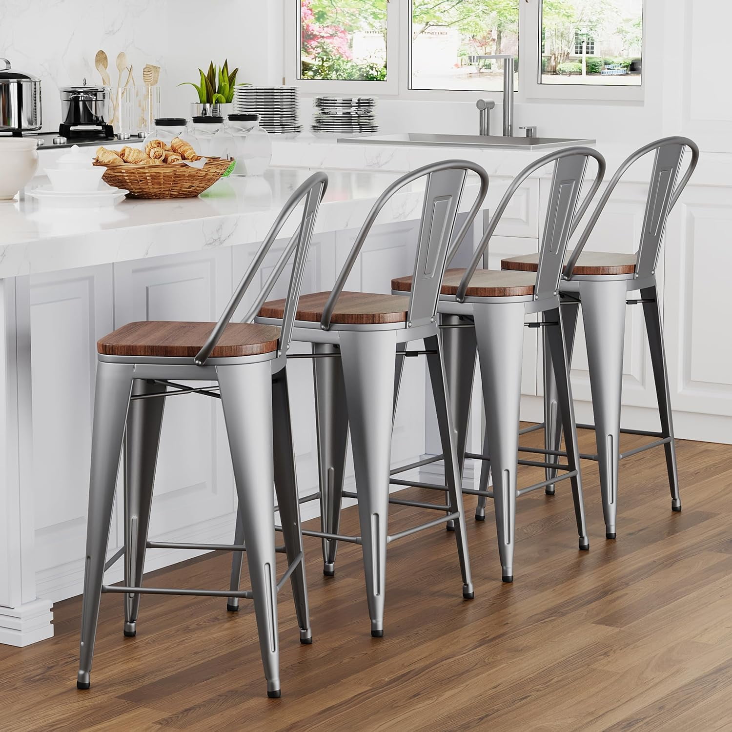 ONKER Bar Stools Set of 4 Counter Height Stools High Back Kitchen Bar ...