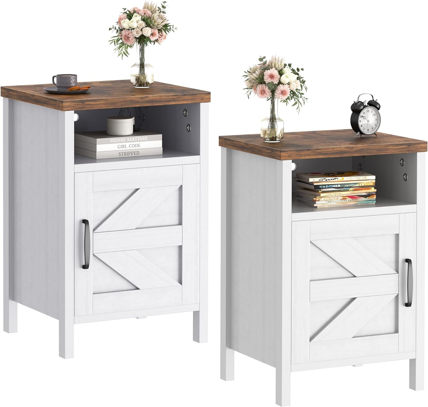 ONKER Farmhouse Nightstand, Modern Bedside Table Set of 2 with Barn Door and Shelf, Rustic End Table Side Table for Bedroom, Living Room (White) - Walmart.com