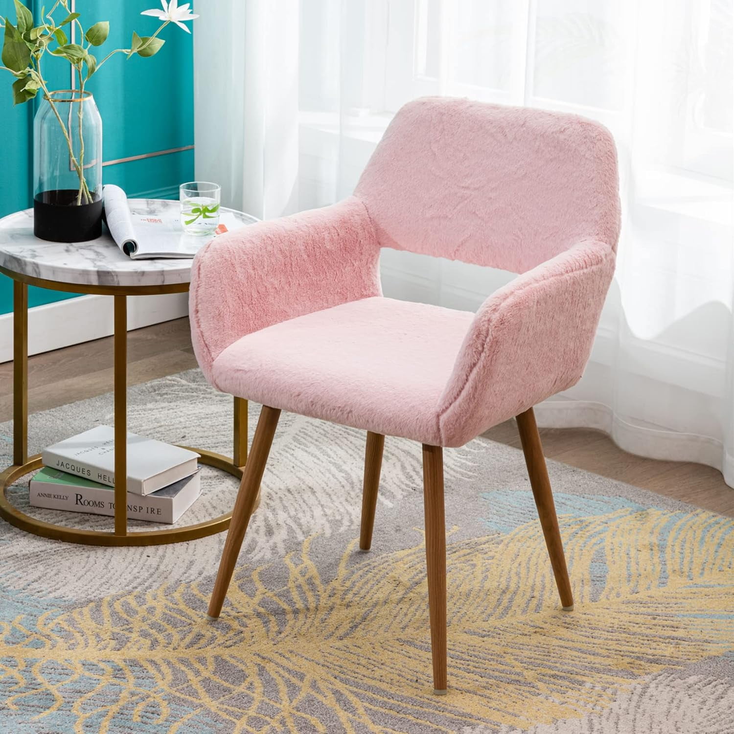 ONKER Faux Fur Vanity Chair Elegant Pink Furry Makeup Desk Chairs for