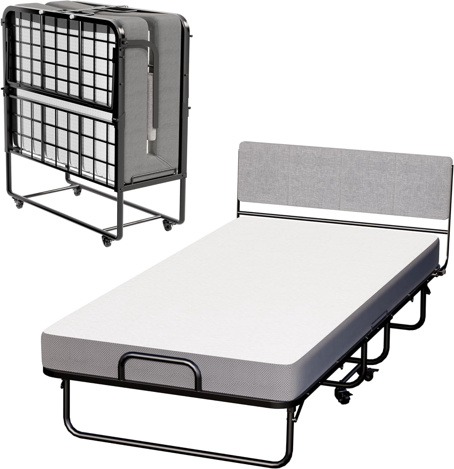ONKER Folding Bed with 5" Memory Foam Mattress, 75" x 39" Twin Guest Bed with Headboard, Portable Rollaway Bed with Sturdy Frame, Home Camping Office Vacation Nursing