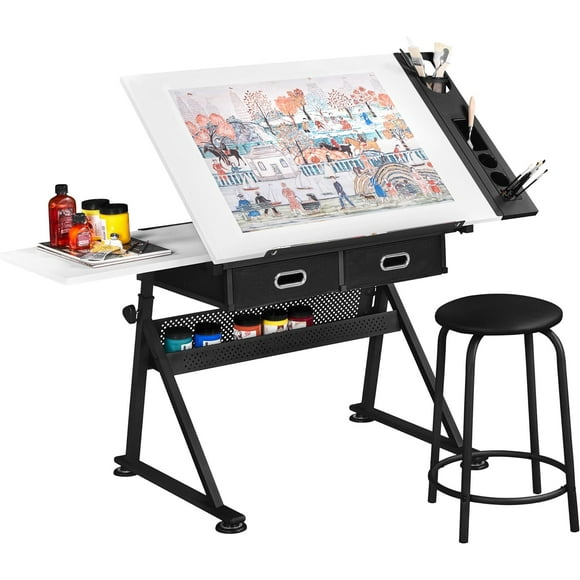 ONKER Height Adjustable White Art Desk for Adults, Tilting Tabletop Drafting Drawing Table with Extra Large Desktop and Drawers, Foldable Stand up Craft Painting Table and Chair Set with Stools