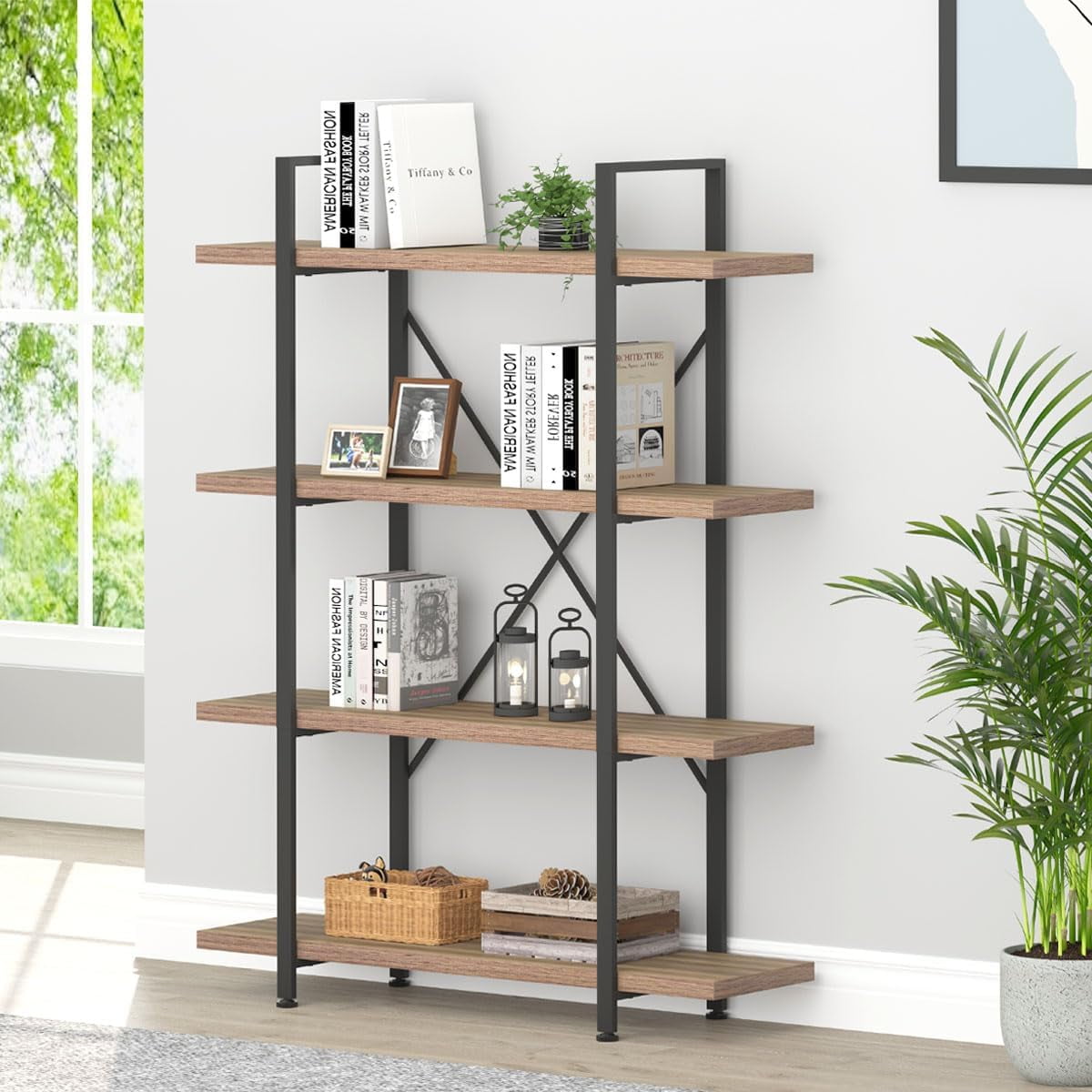 ONKER Industrial 4 Tier Bookshelf, Modern Metal and Wood 4 Shelf