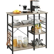 ONKER Kitchen Bakers Rack with Wire Basket, Coffee Bar Table Station Microwave Oven Stand Kitchen Utility Storage Shelf with 6 S-Shaped Side Hooks, Metal Frame, 15''D x 35.5''W x 33''H, Gray