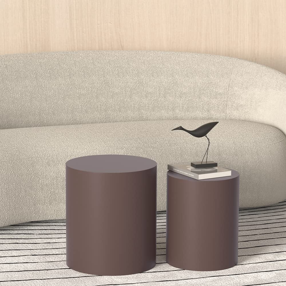 ONKER Nesting Coffee Table Set of 2, Brown Round Wooden Nesting Tables ...