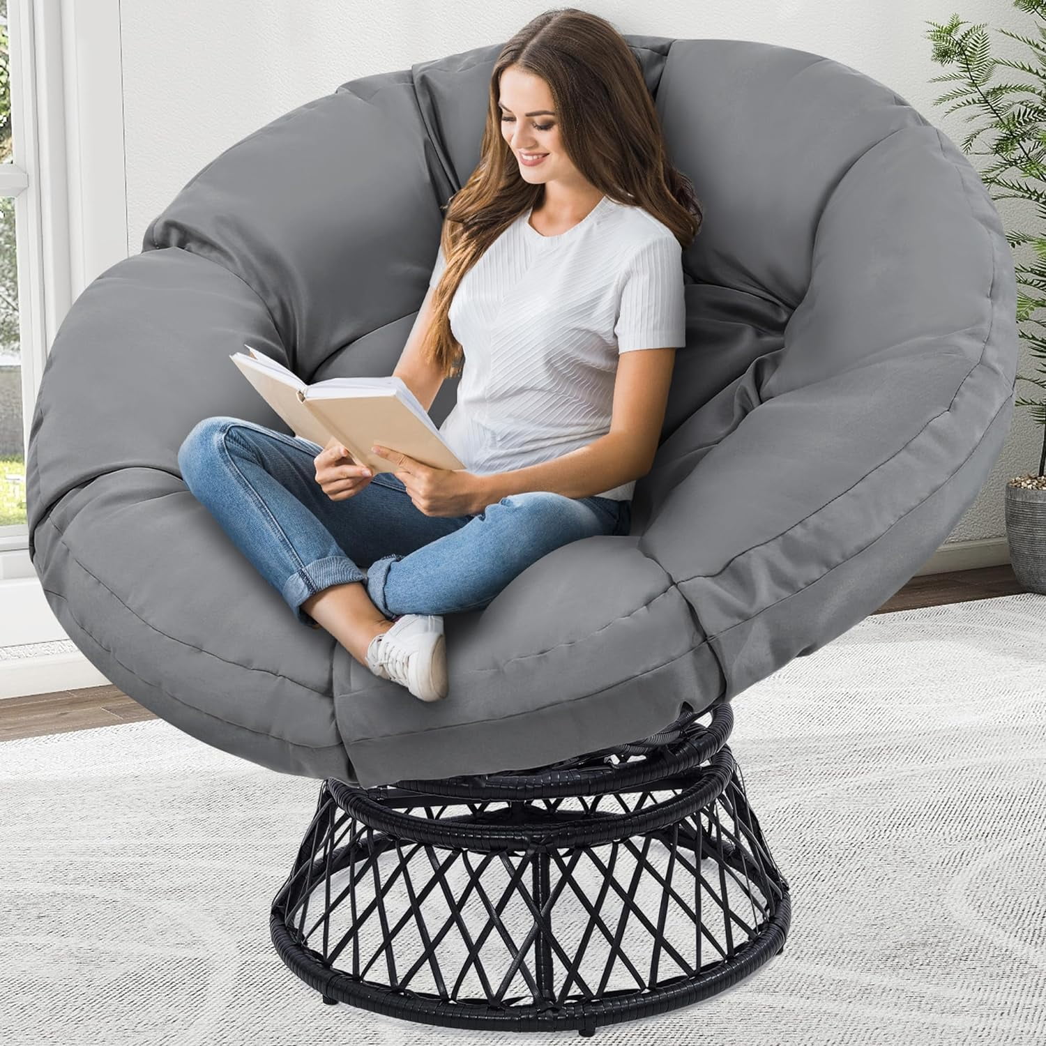 ONKER Oversized Rattan Papasan Chair with Cushion and Frame for Adults