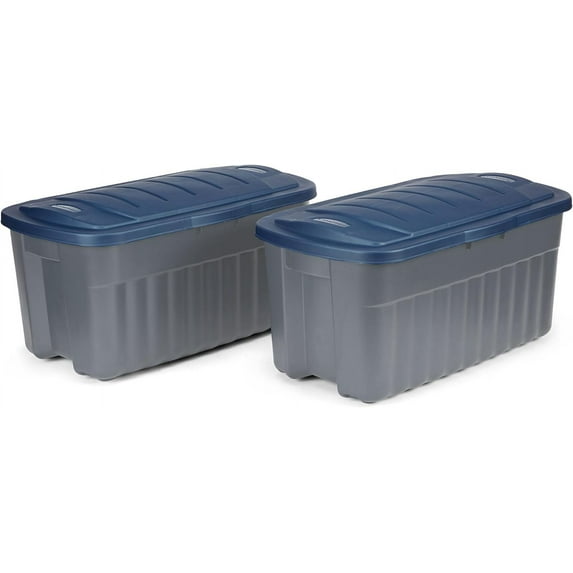 ONKER Roughneck️ 40 Gallon Storage Totes, Pack of 2, Durable Stackable Storage Containers with Hinged Lids, Nestable Plastic Storage Bins for Tools, Toy Storage, Grey and Dark Indigo Metallic