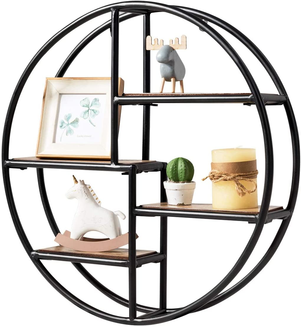 ONKER Round Wall Shelf, WallMounted Circular Shelf, Wood & Iron Wall