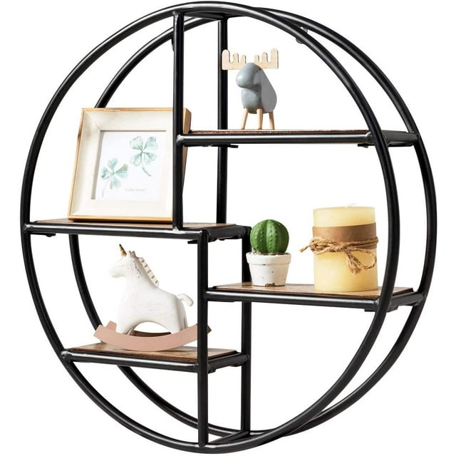 ONKER Round Wall Shelf, WallMounted Circular Shelf, Wood & Iron Wall