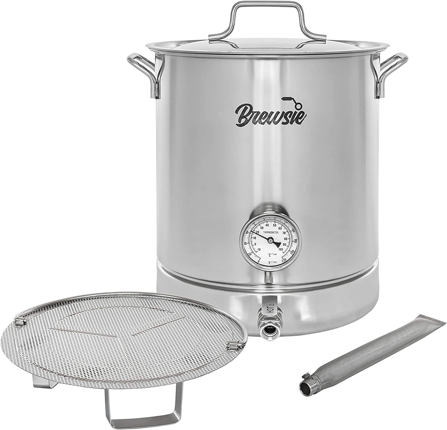 ONKER Stainless Steel Home Brew Kettle w/Dual Filtration. Equip with False Bottom Thermometer