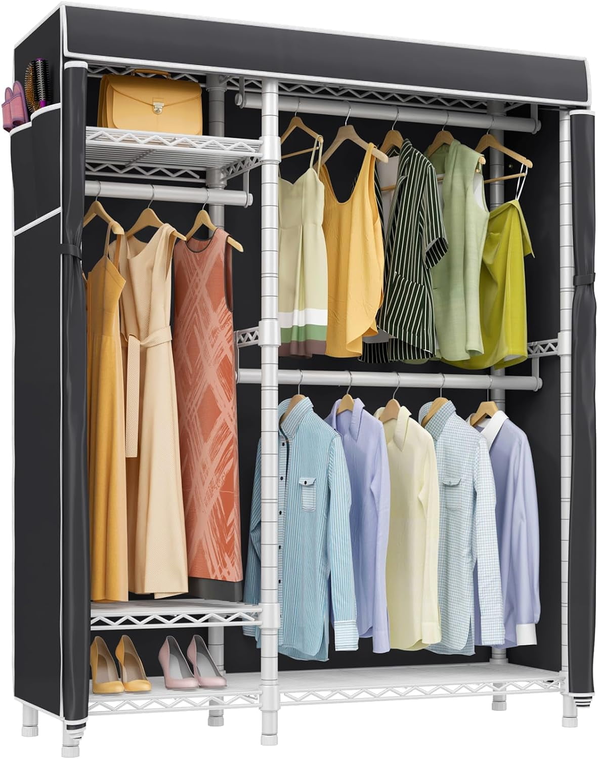 ONKER V2C Heavy Duty Covered Clothes Rack with 3 Hanging Rods, White