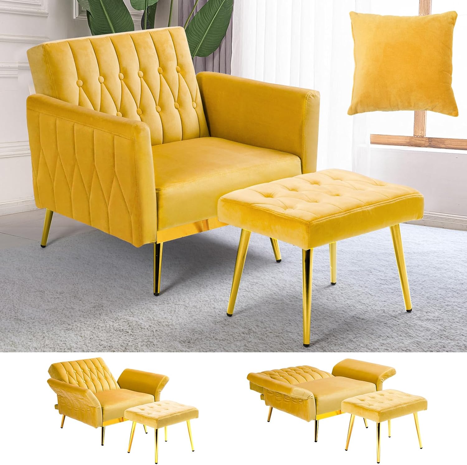 ONKER Velvet Accent Chair w/Adjustable Armrests and Backrest, Button