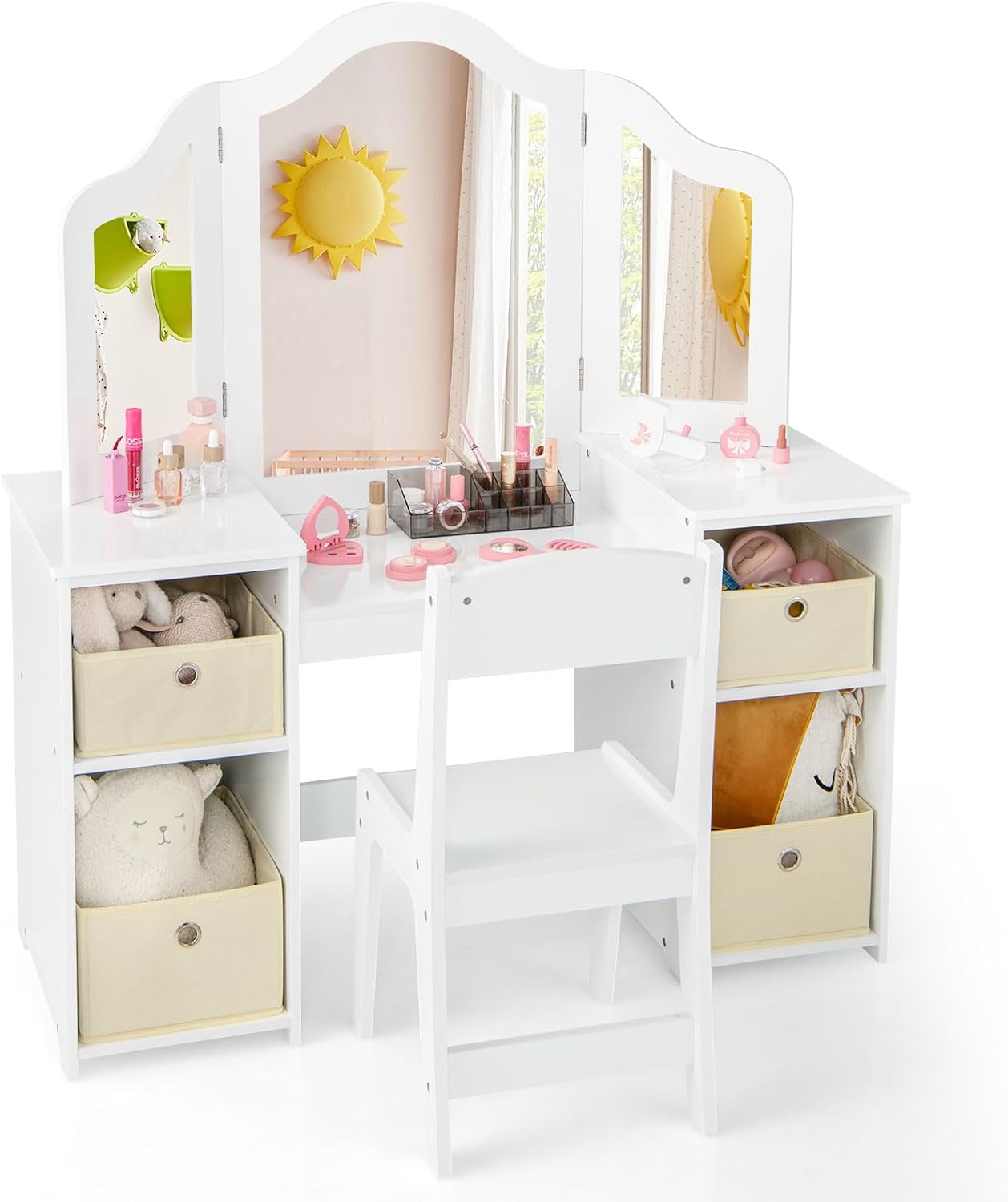 ONKER White Kids Vanity Table, Princess Dressing Table with TriFolding