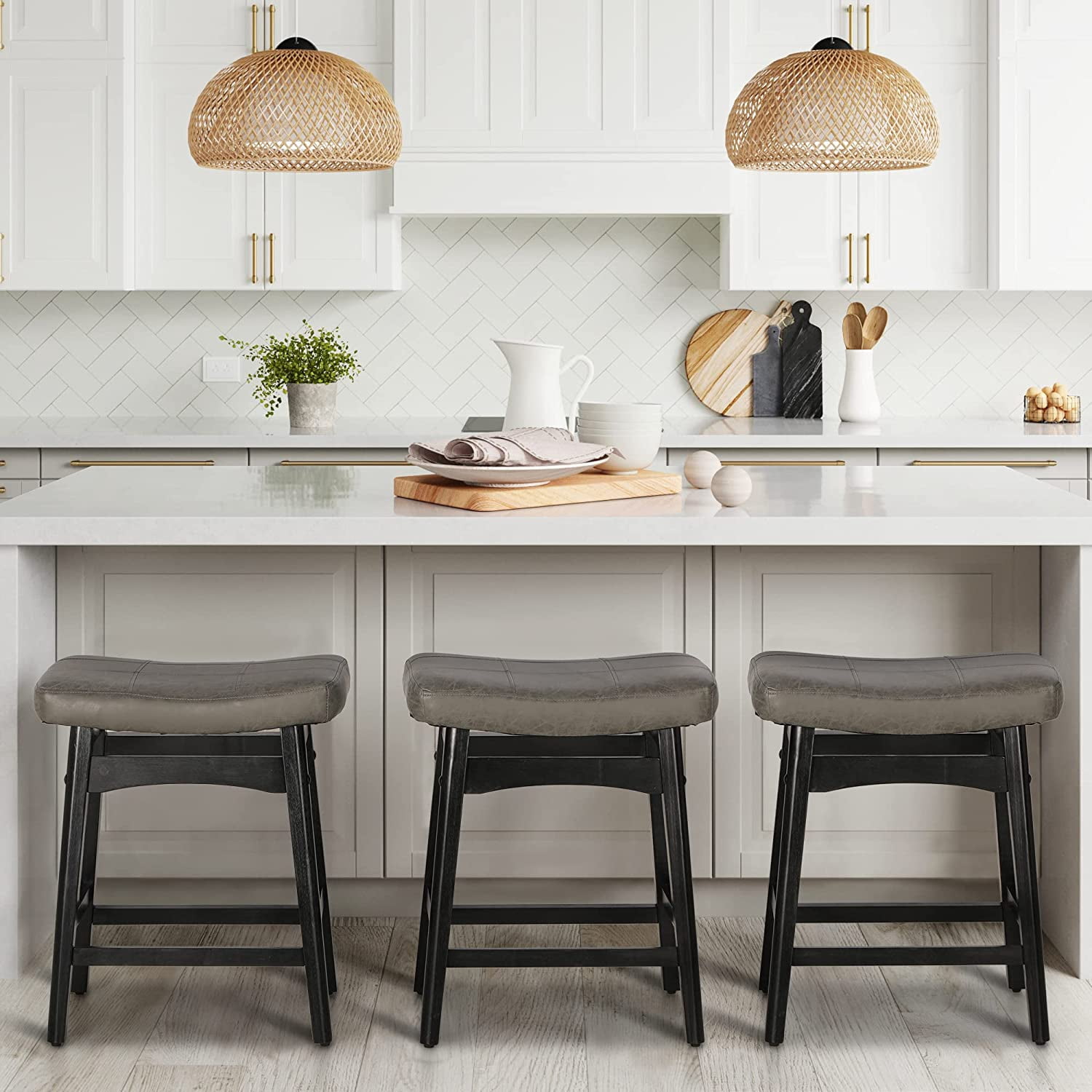 ONKER Wood Counter Height Bar Stools Set of 3 for Kitchen Counter Solid ...