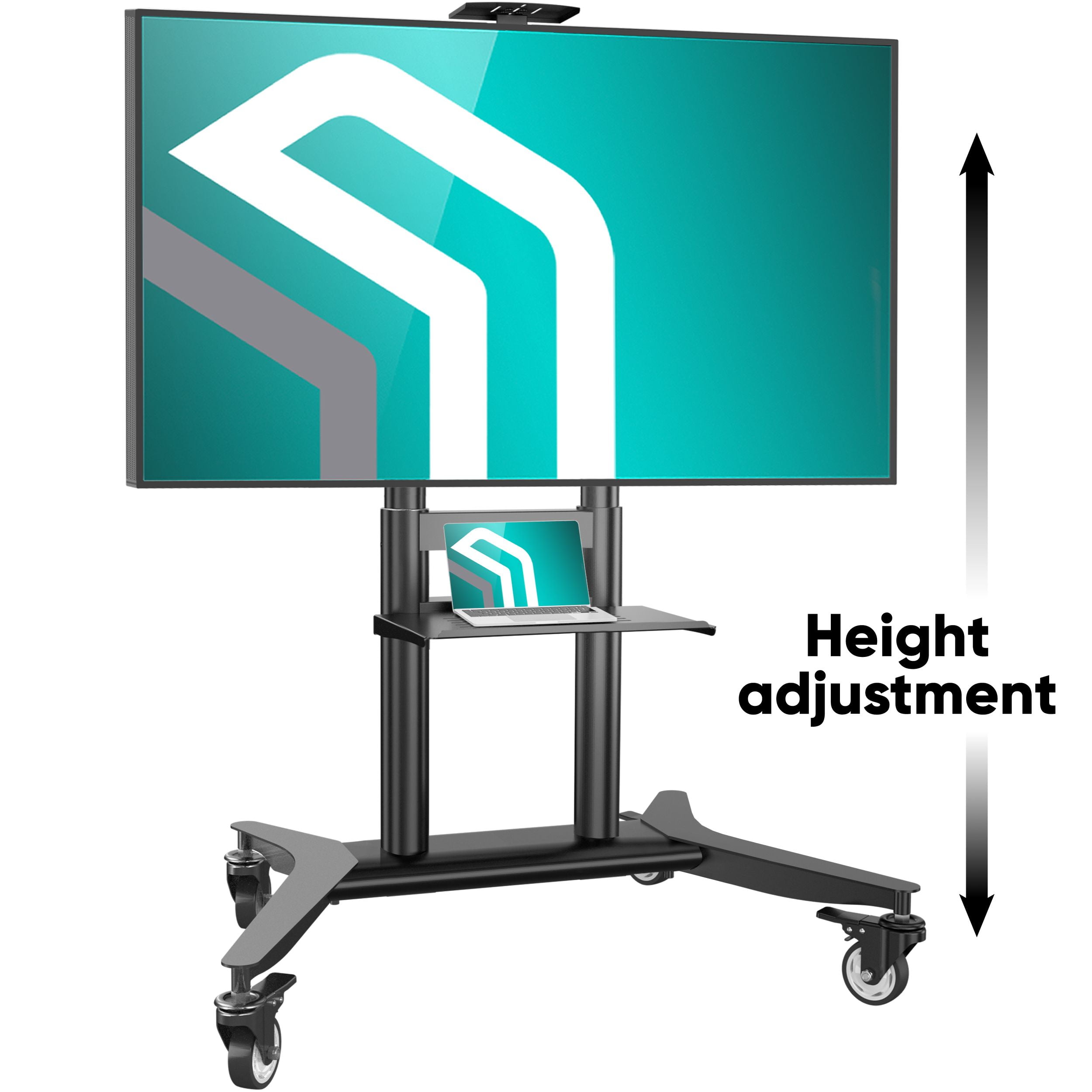 Black Steel Adjustable Mobile TV Cart with Shelf for 55-90 Inch Screens