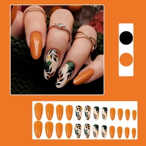 ONLYEOR 24Pcs Fall Press on Nails Medium Almond Orange Fake Nails, Short Press-On Almond Orange Nails, Autumn Maple Leaves Handmade Acrylic Nails False Nails Thanksgiving Stick on Nail for Women