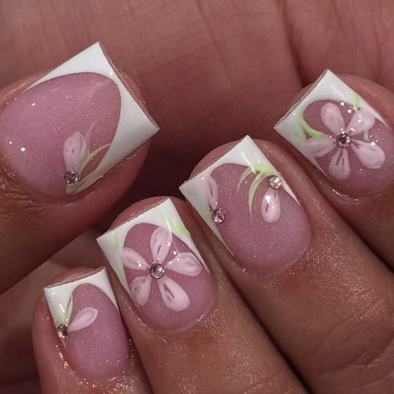 ONLYEOR 24Pcs White French Tips Press on Nails Short Square Fake Nails with 3D Flower Rhinestone Design, for Women Daily Wear Manicure Decoration