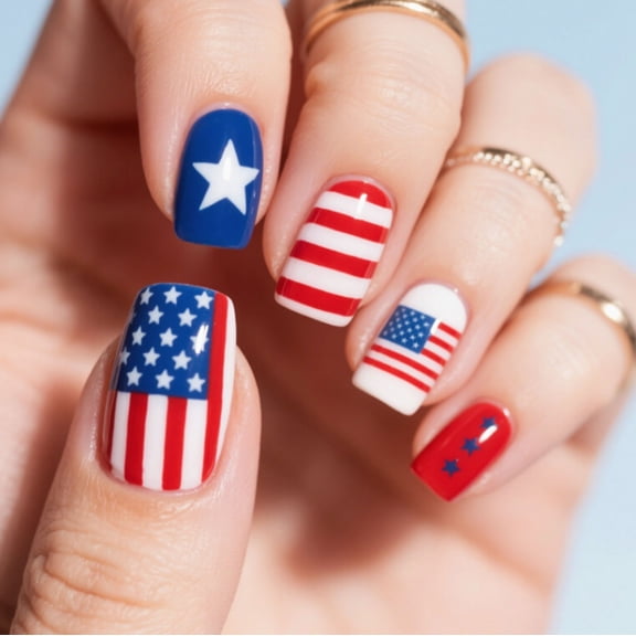 ONLYEOR 4th of July Nail Art Set 24pcs, USA Flag False Nails, Red White Blue Star Nail Wraps, Independence Day Patriotic Manicure, Quick Apply Nail Patches for Summer Festival, Reusable Nails