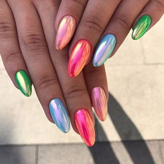 ONLYEOR Aurora Laser Press On Nails, Colorful Iridescent Design, Medium Almond Fake Nails for Daily & Party Wear