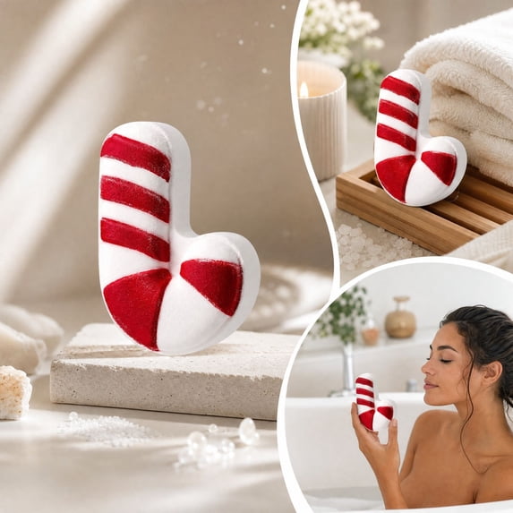 ONLYEOR Christmas Bath Bomb Candy Cane Shaped Xmas Bath Bomb with Strawberry Scent Individually Wrapped Holiday Bath Set for Family Use Christmas Stocking Stuffers Party Favors
